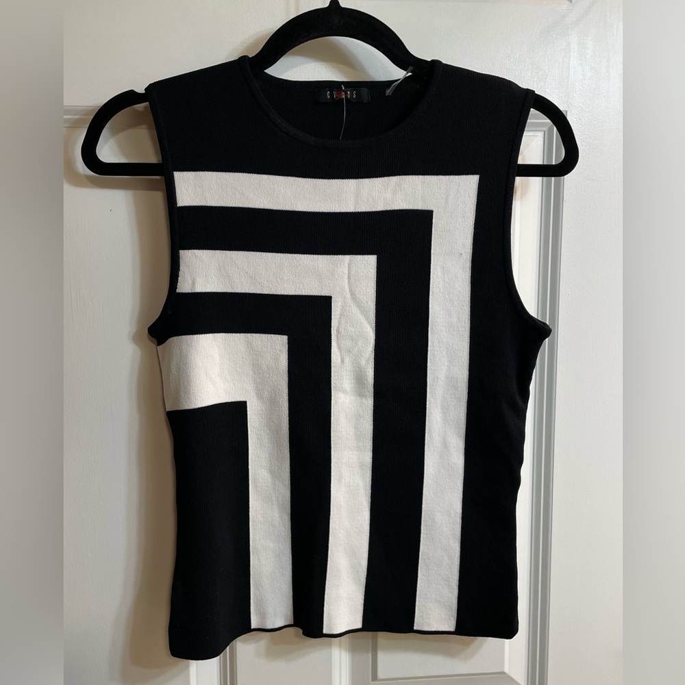 CYRUS Black & White Geometric Knit Tank Top | Size M | Bold Mod Retro Style
